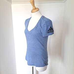 Adidas | Blue v neck women's t shirt with logo on sleeve